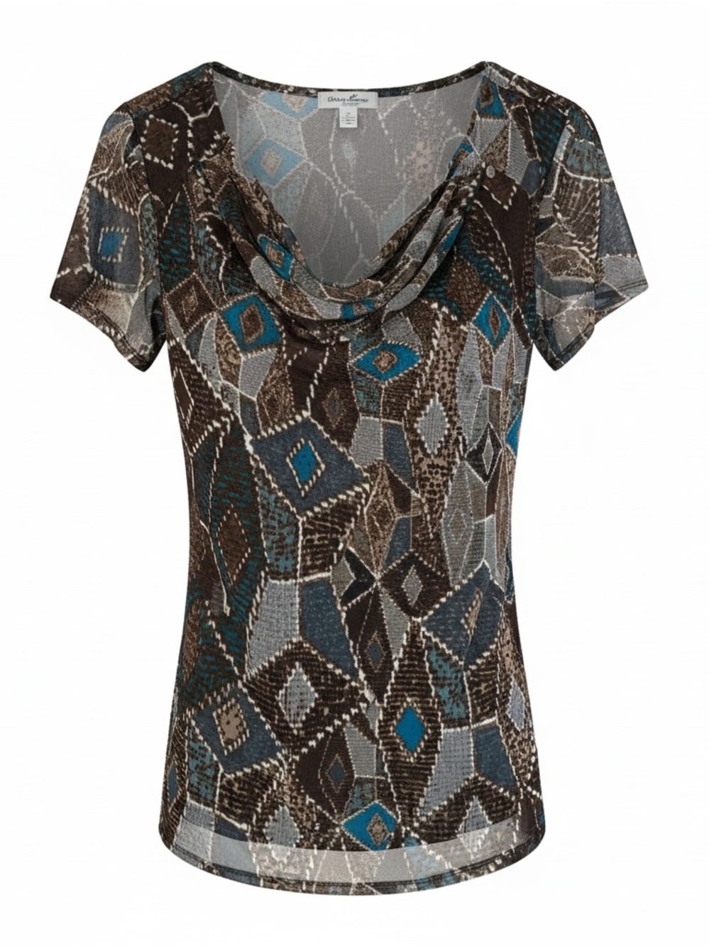 Kim Rogers Short-Sleeve Cowl Neck Top — Teal, Brown & Gray Geometric Print